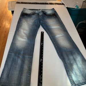 Rerock size 30 blue straight leg jeans with navy sequin detail